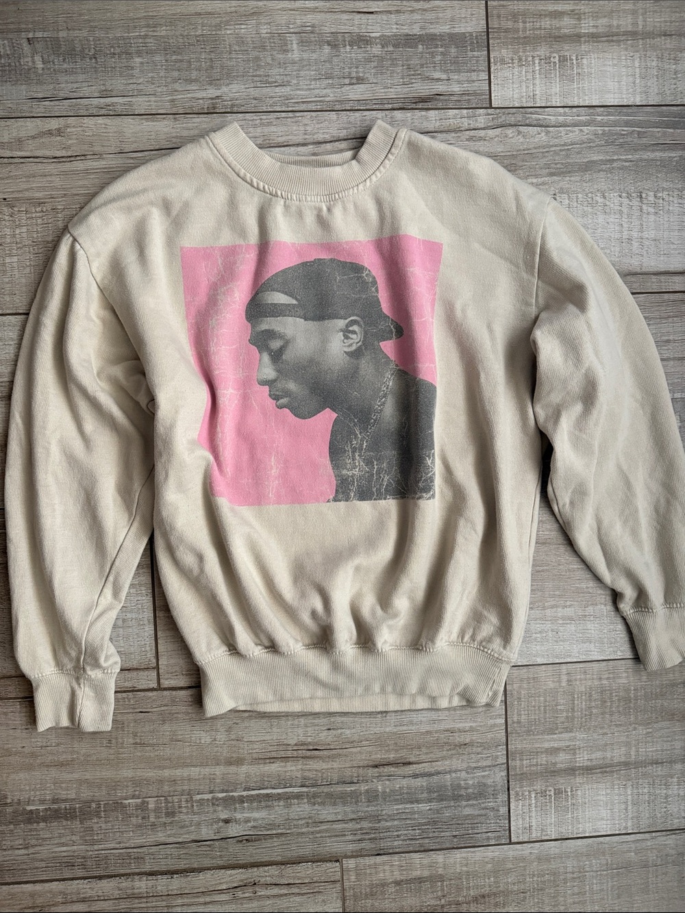 2Pac Tupac Graphic Sweatshirt Cream Pink Tagged L Fits Cropped Medium / Small